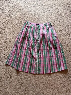 J.Crew Pink & Green Plaid Button-Front Cotton Sateen Skirt